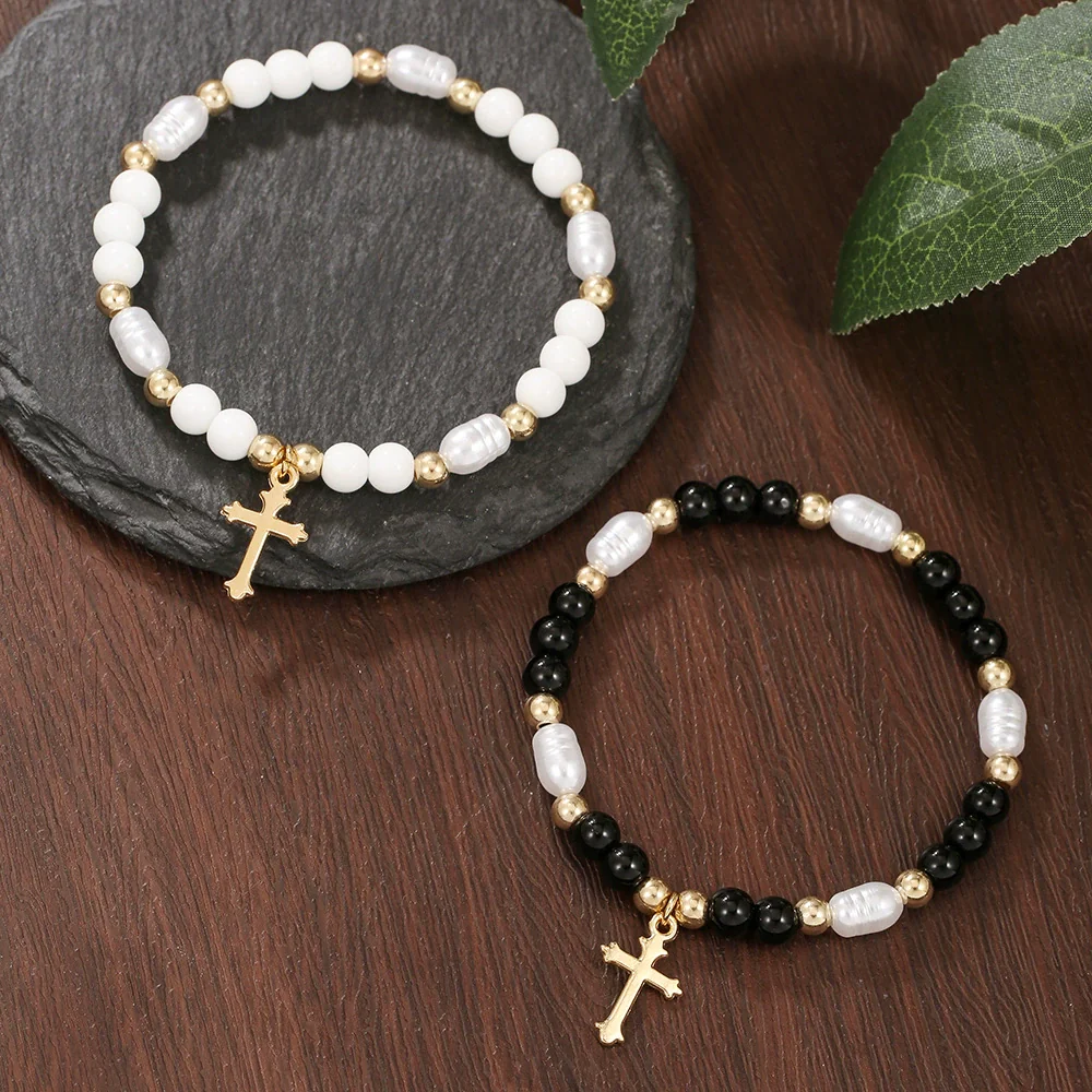 Elegant Geometric Cross Pendant Alloy Black Diamond Imitation Pearl Beaded Handmade Bracelet For Men - Image 2