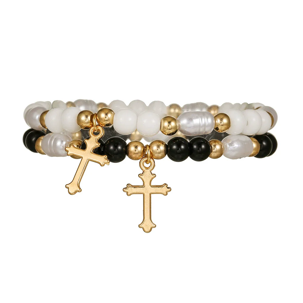 Elegant Geometric Cross Pendant Alloy Black Diamond Imitation Pearl Beaded Handmade Bracelet For Men - Image 5
