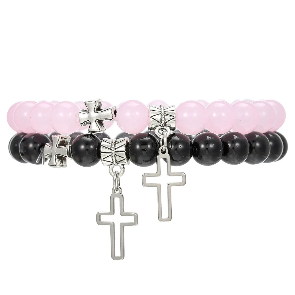 Elegant Geometric Cross Pendant Alloy Black Diamond Imitation Pearl Beaded Handmade Bracelet For Men - Image 8