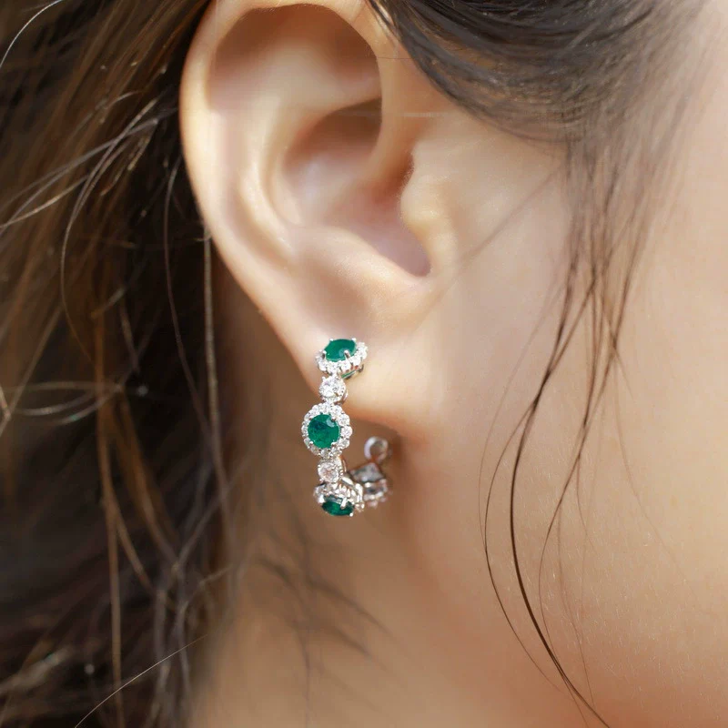 Elegant Geometric Synthetic Emerald Earrings 925 Silver With Diamond Design