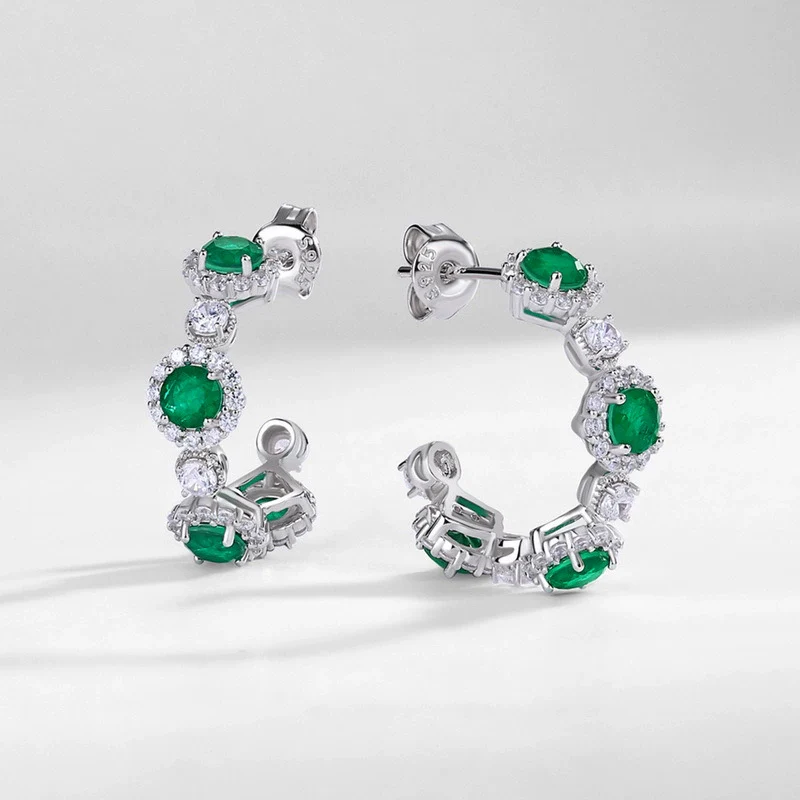 Elegant Geometric Synthetic Emerald Earrings 925 Silver With Diamond Design - Image 2