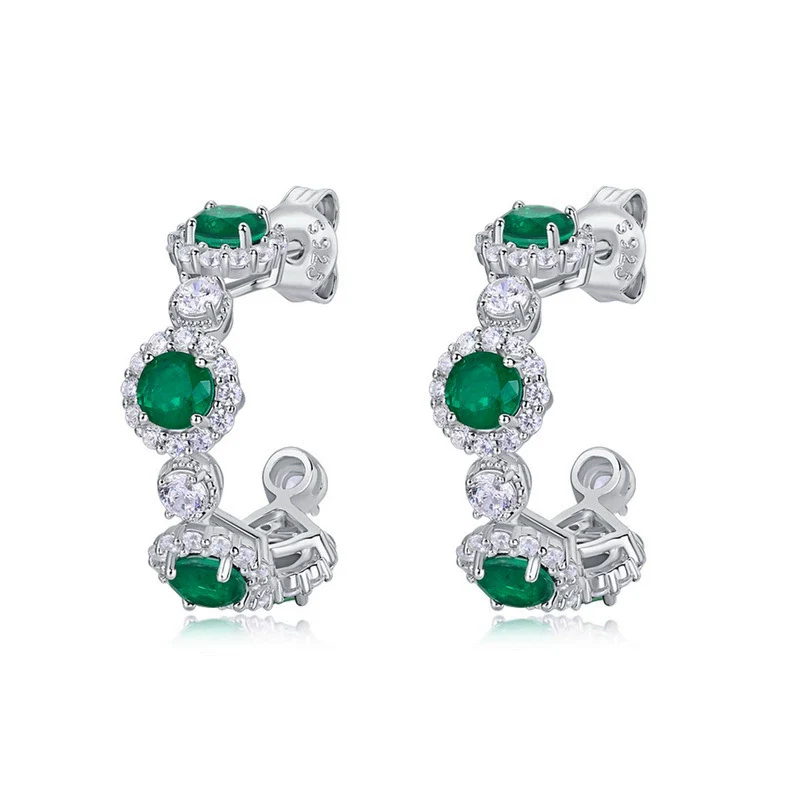 Elegant Geometric Synthetic Emerald Earrings 925 Silver With Diamond Design - Image 4
