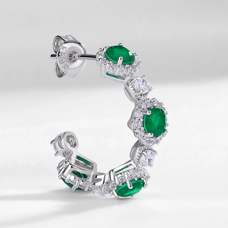 Elegant Geometric Synthetic Emerald Earrings 925 Silver With Diamond Design - Image 5