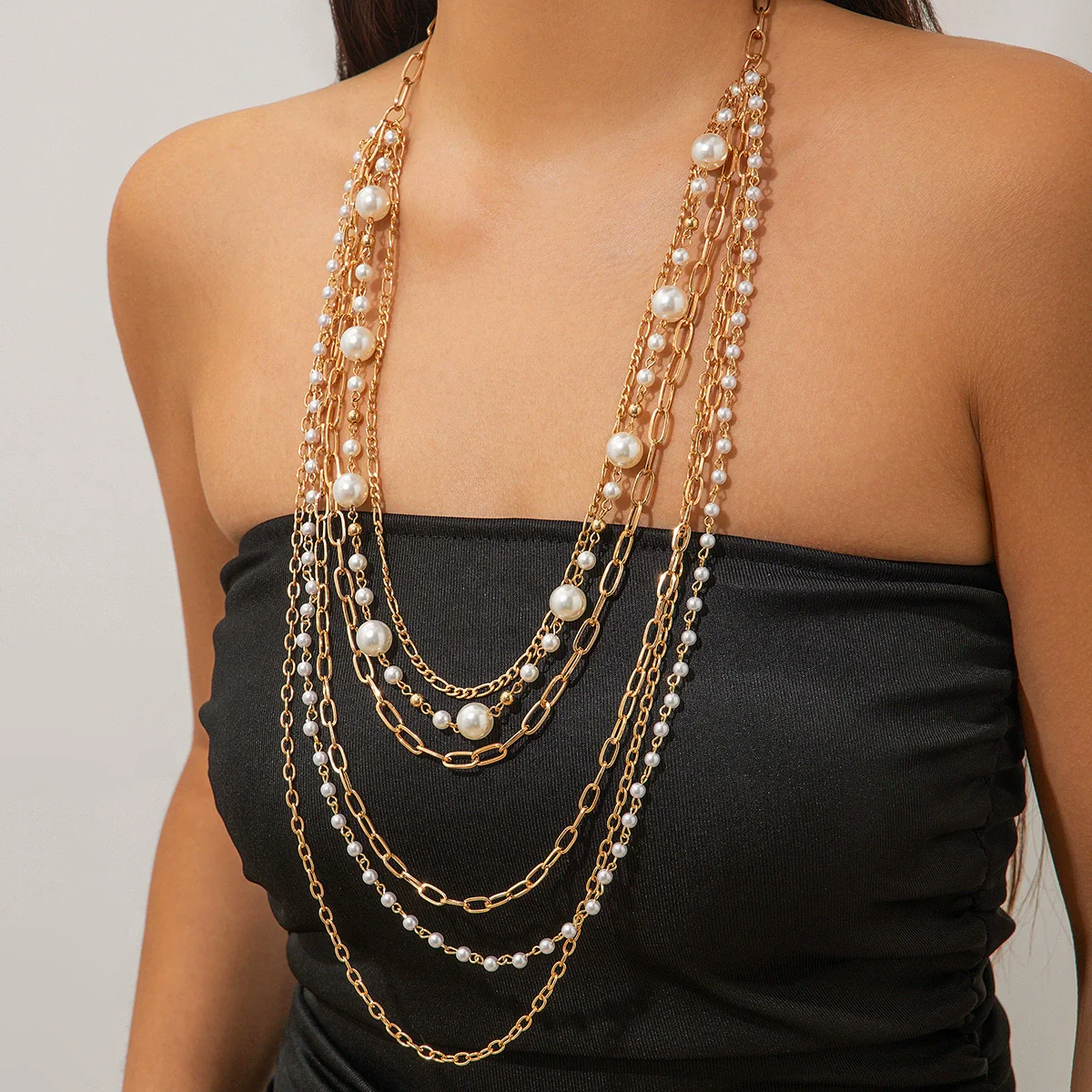 Elegant Imitation Pearl Beaded Multilayer Hiphop Women's Necklace With Geometric Pattern And Cross Chain And Electroplating Design - Image 3