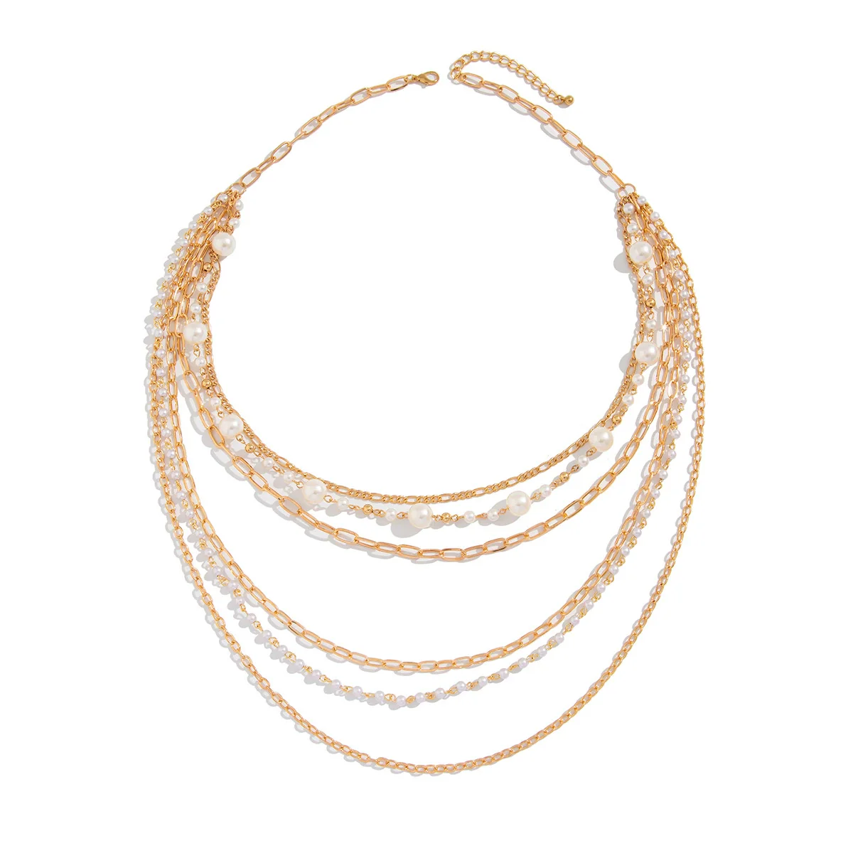Elegant Imitation Pearl Beaded Multilayer Hiphop Women's Necklace With Geometric Pattern And Cross Chain And Electroplating Design - Image 5
