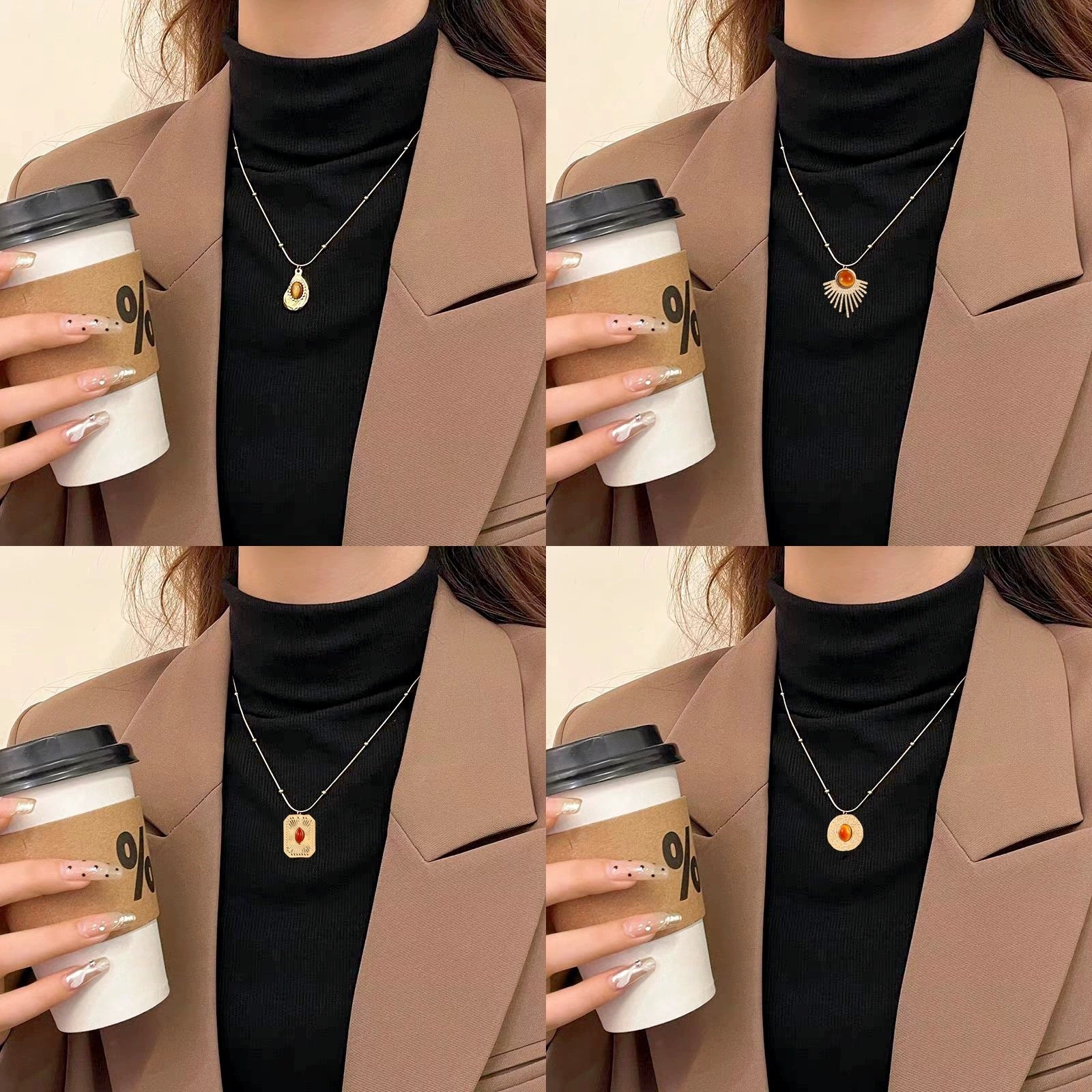 Elegant Oval Tiger Eye Women's Niche Light Luxury Maillard Style Alloy Necklace With Ball Chain And Electroplating - Image 4