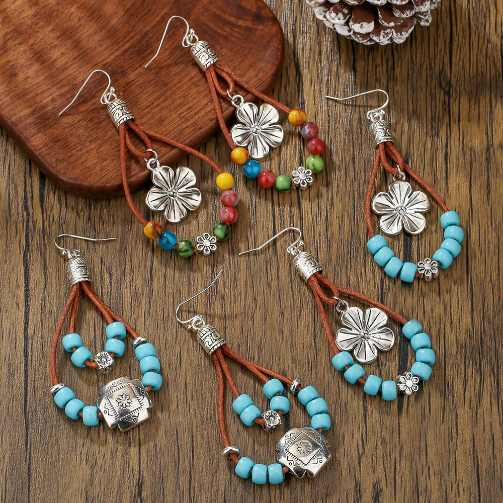 Ethnic Style Vintage Alloy Turquoise Flower Earrings Set With Diamonds