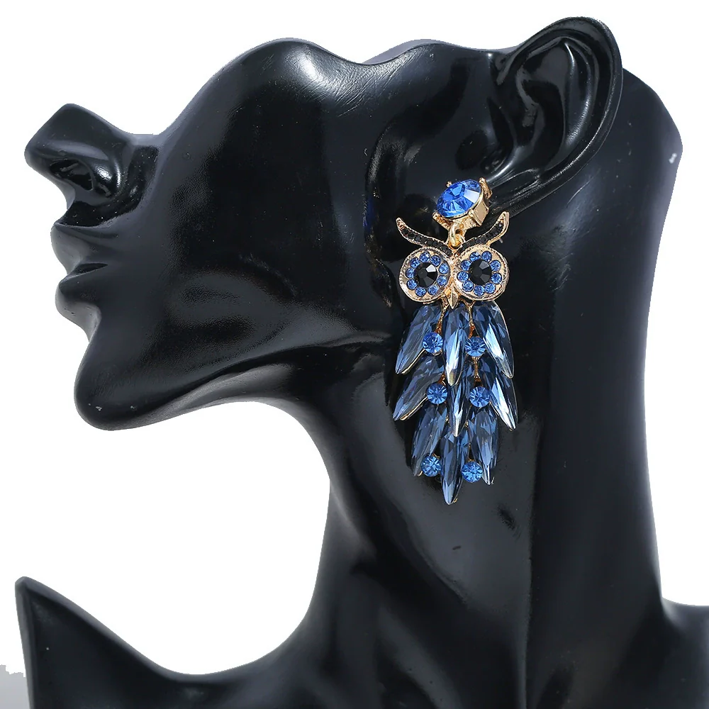 Exaggerated Alloy Glass Drill Rhinestone Owl Long Earrings With Diamond Treatment Animal Pattern - Image 5
