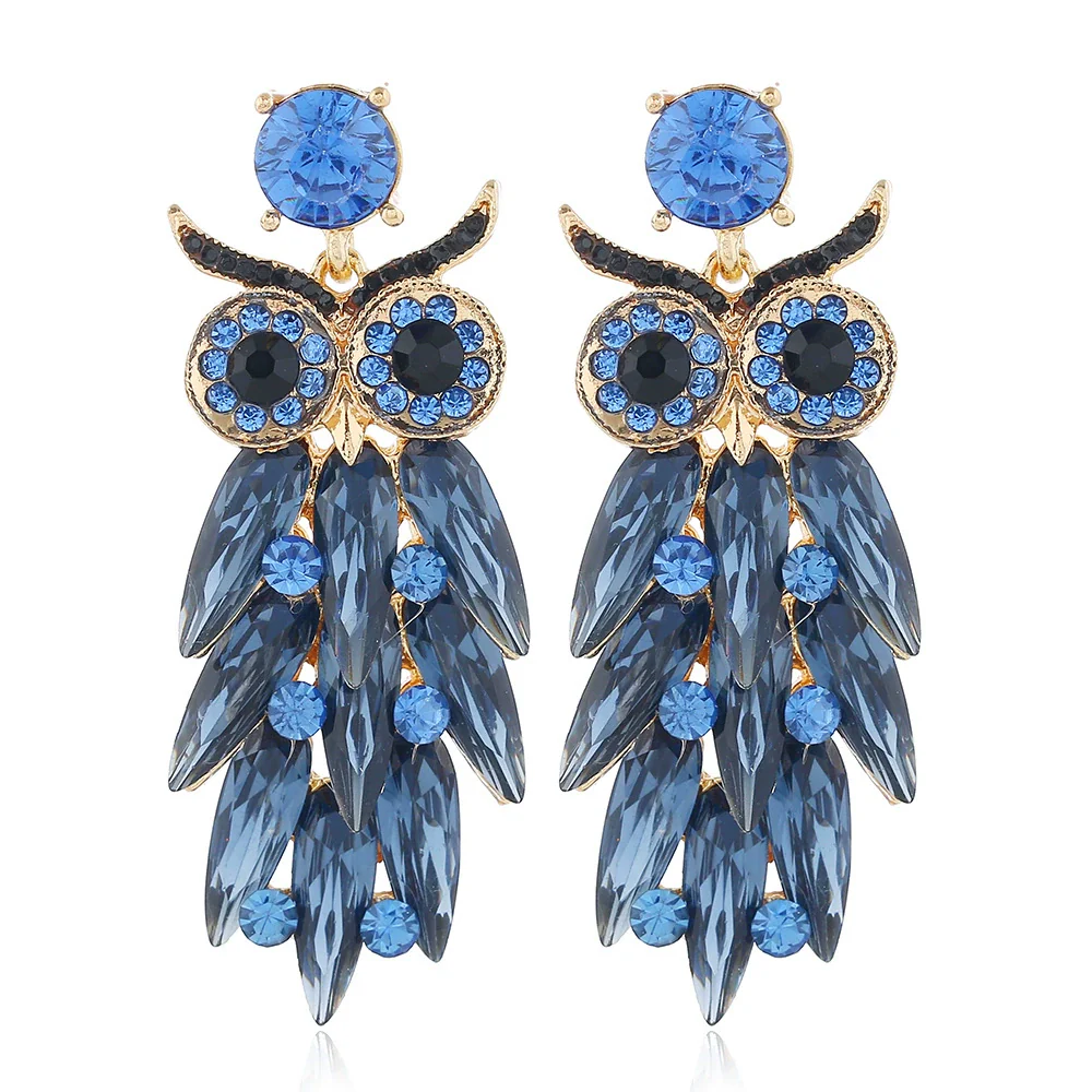 Exaggerated Alloy Glass Drill Rhinestone Owl Long Earrings With Diamond Treatment Animal Pattern - Image 6