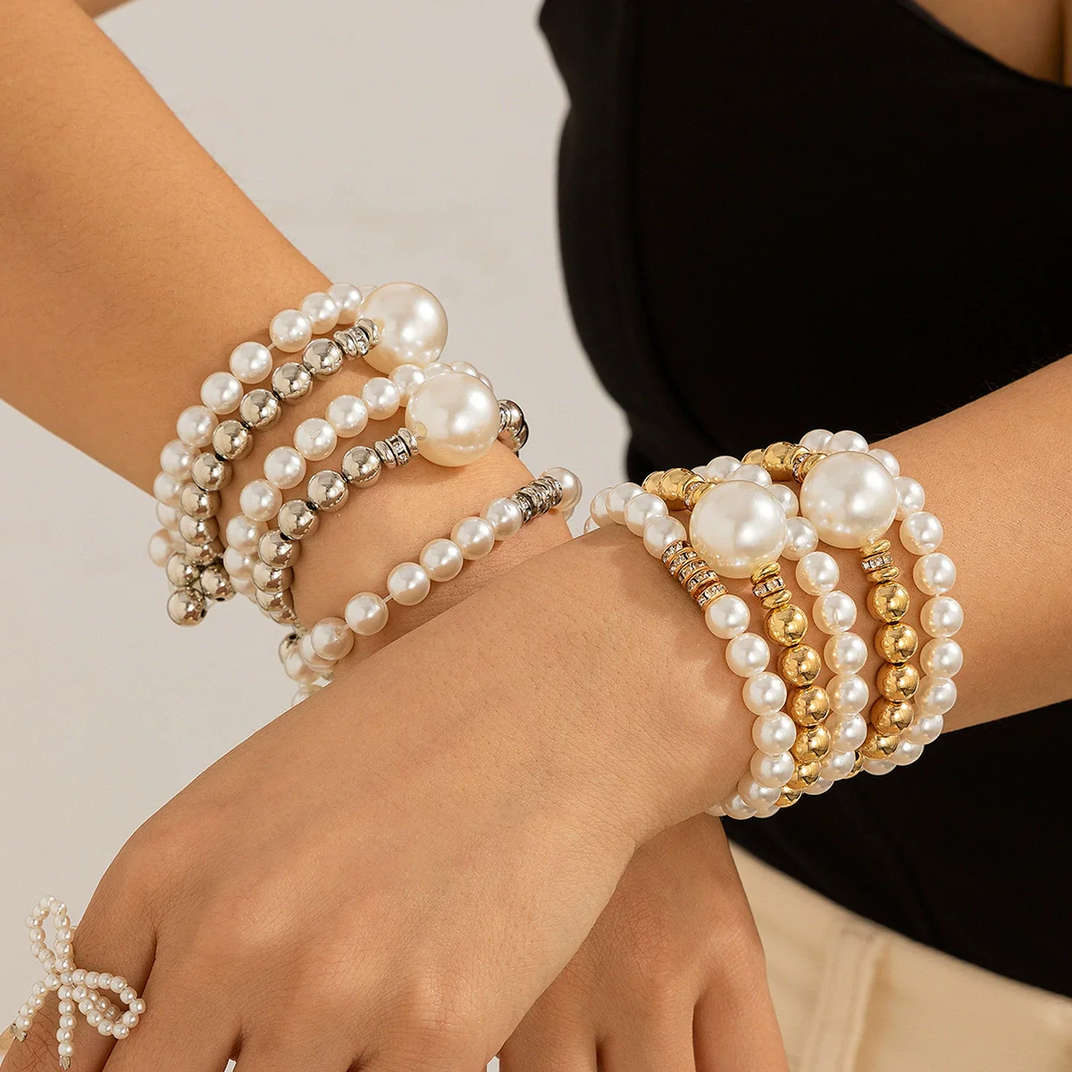 Exaggerated Imitation Pearl Stacked Bracelet Geometric Electroplated Women's