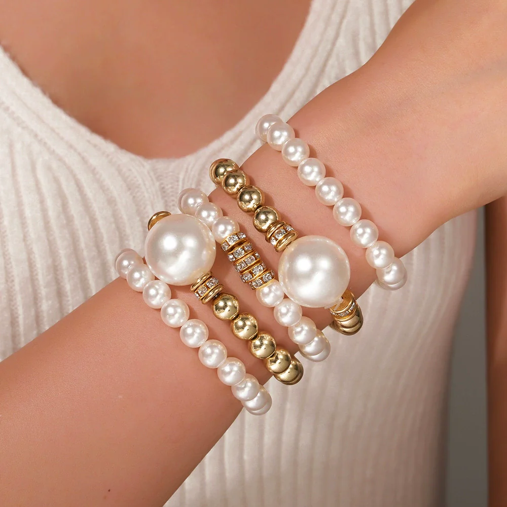 Exaggerated Imitation Pearl Women's Multilayered Geometric Hand Jewelry Hiphop Bracelet