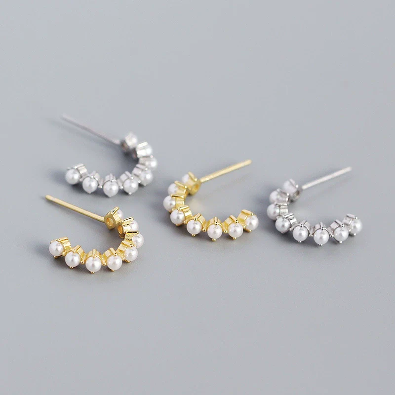 Exaggerated S925 Silver Geometric Cshaped Hoop Pearl Earrings For Women With Electroplating
