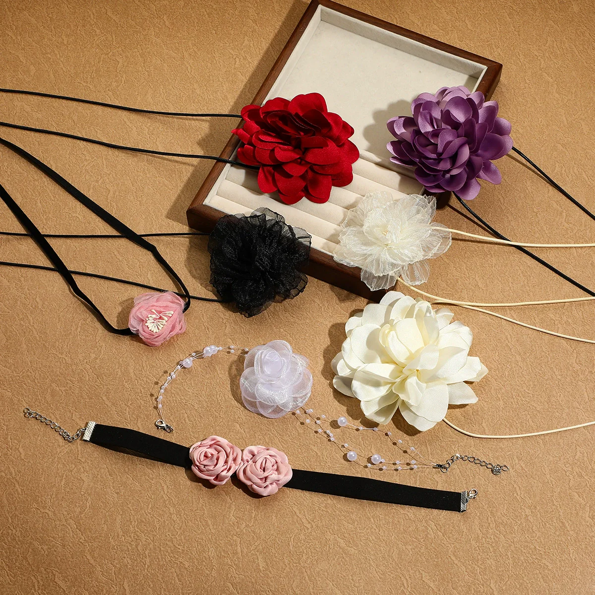 Fabric Flower Lace Ghost Flower Necklace With Geometric Design For Women