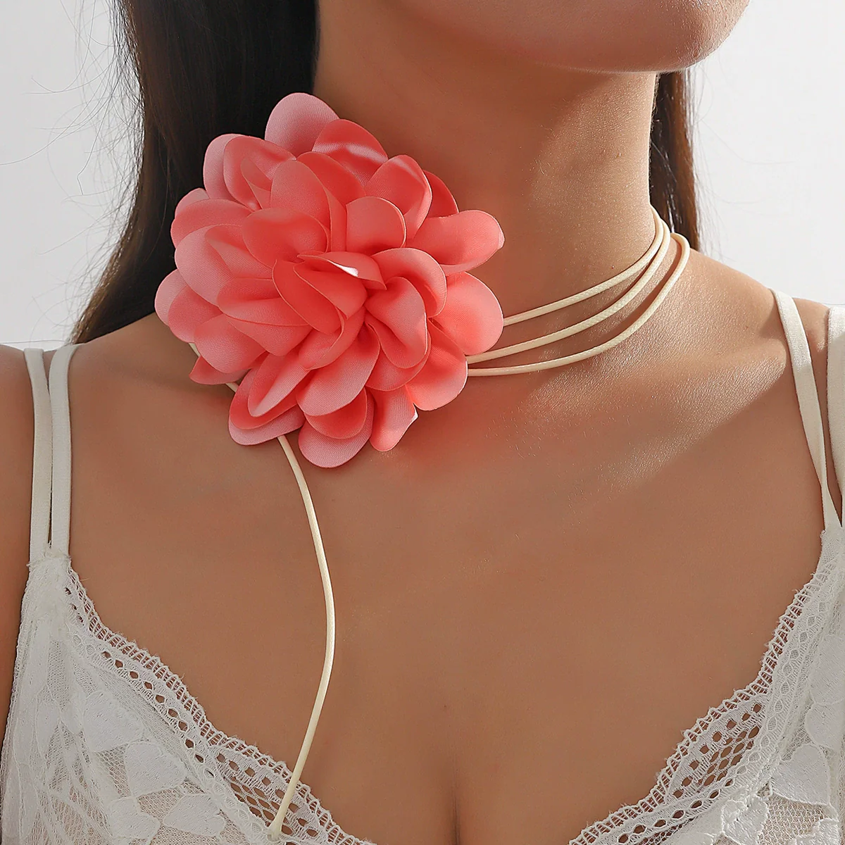 Fabric Flower Lace Ghost Flower Necklace With Geometric Design For Women - Image 3