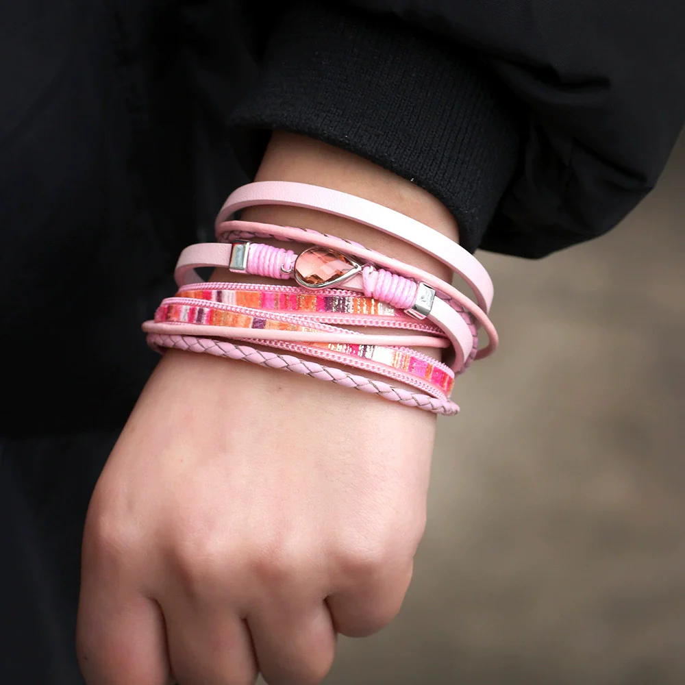 Fashion Allmatch Women's Bracelet Metal Pu Leather Magnetic Buckle Geometric Rhinestone Electroplating
