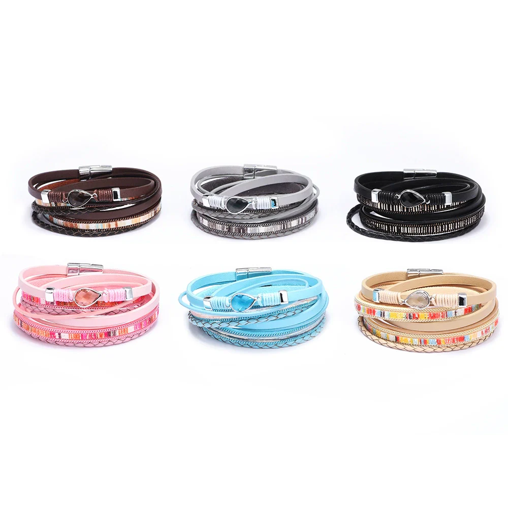 Fashion Allmatch Women's Bracelet Metal Pu Leather Magnetic Buckle Geometric Rhinestone Electroplating - Image 2