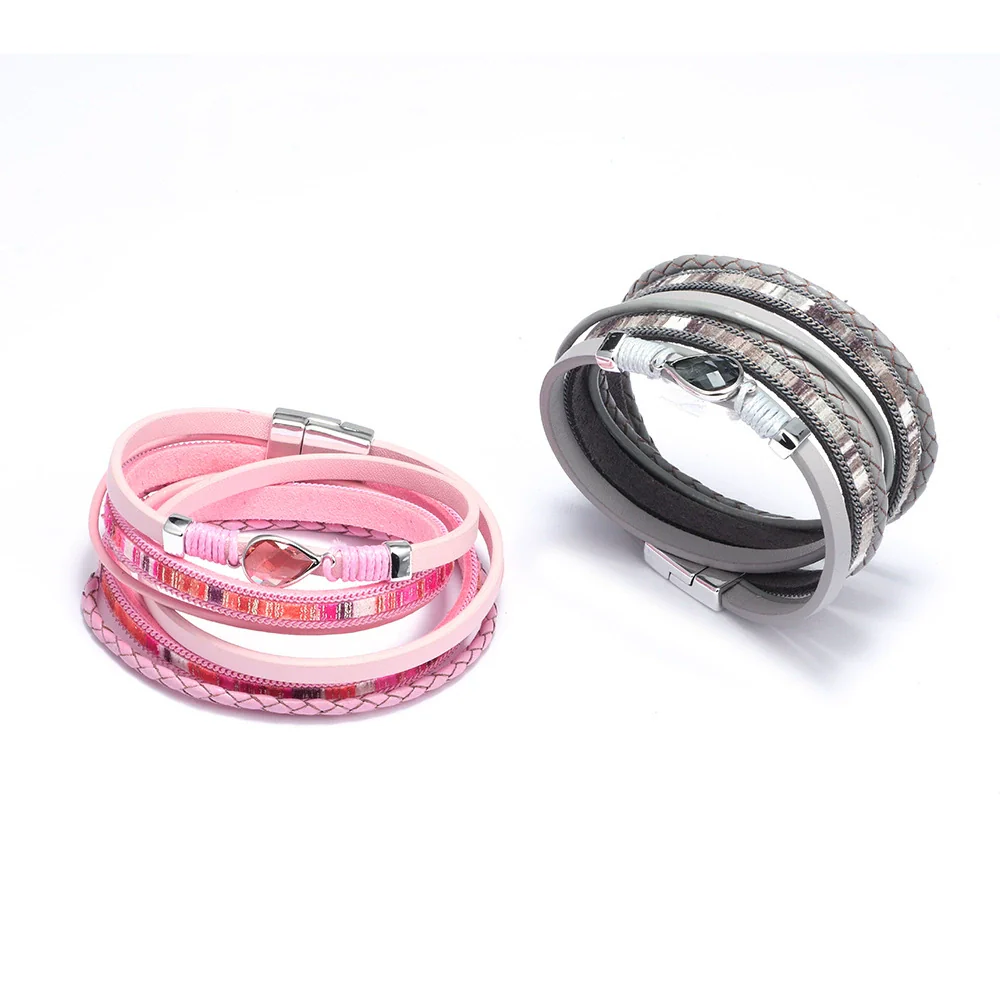Fashion Allmatch Women's Bracelet Metal Pu Leather Magnetic Buckle Geometric Rhinestone Electroplating - Image 3