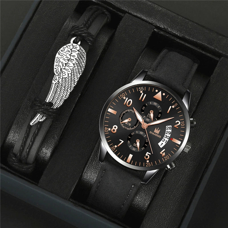 Fashion Casual Wings Bracelet Set And Men's Quartz Watch Alloy Case Imitation Leather Strap Stainless Steel Clasp Round Dial - Image 3
