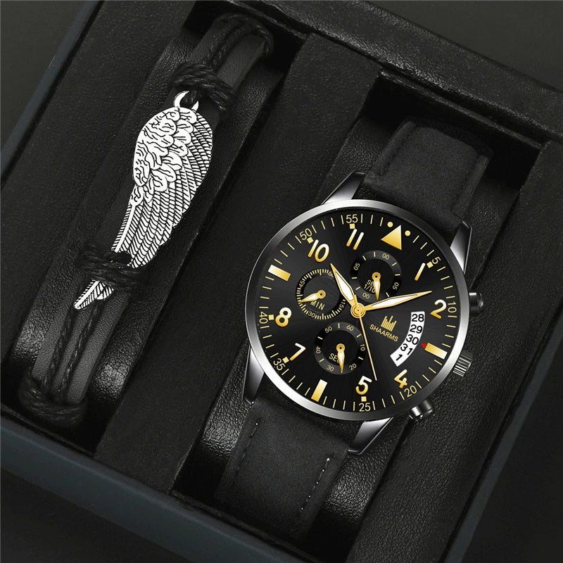 Fashion Casual Wings Bracelet Set And Men's Quartz Watch Alloy Case Imitation Leather Strap Stainless Steel Clasp Round Dial - Image 7
