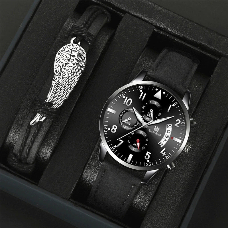 Fashion Casual Wings Bracelet Set And Men's Quartz Watch Alloy Case Imitation Leather Strap Stainless Steel Clasp Round Dial - Image 8
