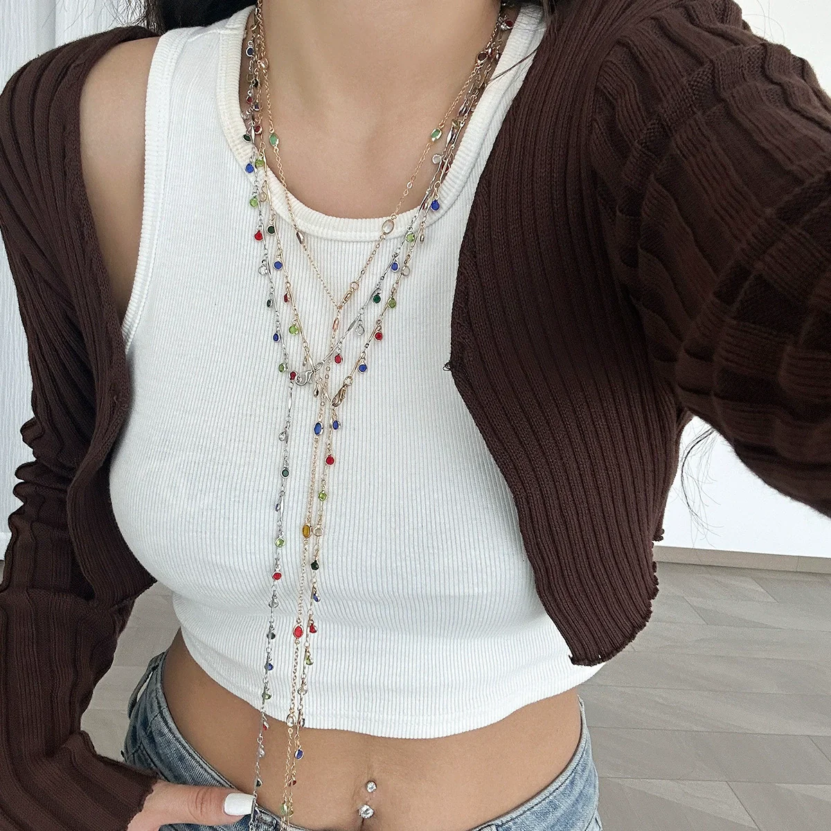 Fashion Color Oil Drop Pendant Stacked Long Necklace Copper Metal Chain With Rhinestone Geometric Pattern Electroplating Process Women's - Image 3