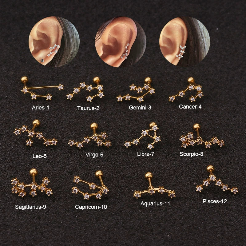 Fashion Constellation Zircon Inlaid Metal Piercing Ear Jewelry