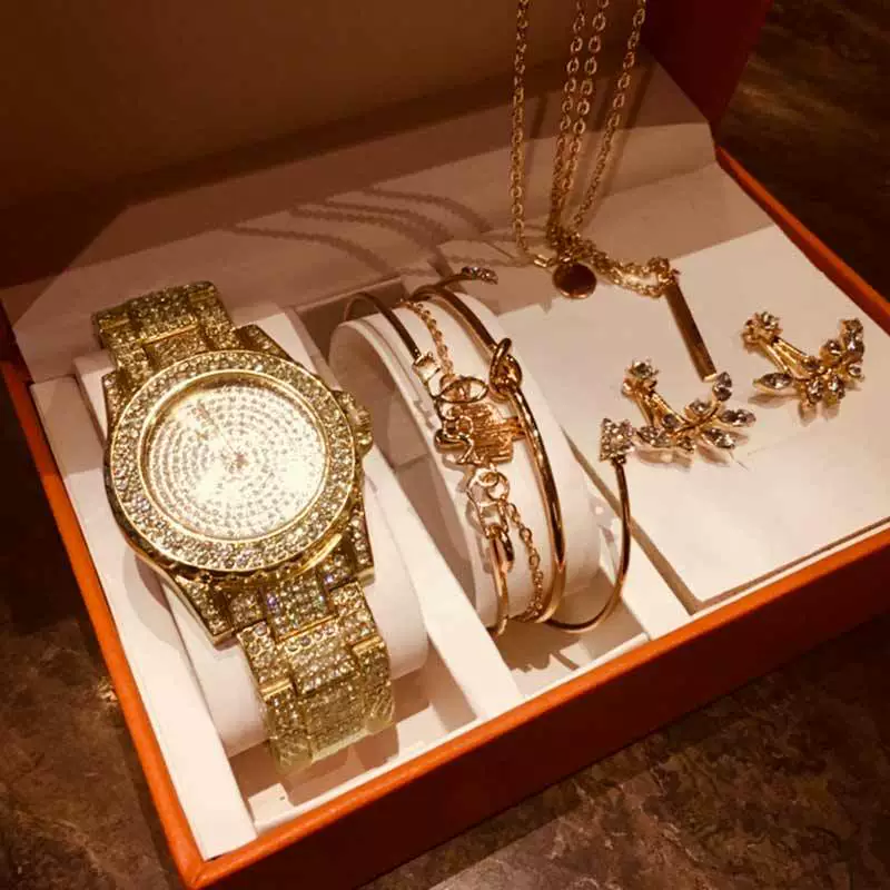 Fashion Creative Alloy Stainless Steel Round Watch And Bracelet Earrings Necklace Set For Female - Image 2