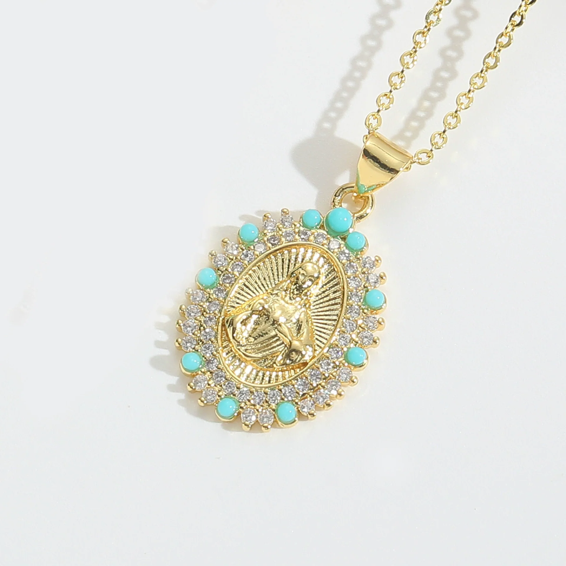 Fashion Discshaped Pearl Zircon Inlaid Virginshaped Pendant Necklace For Women Copper Electroplating - Image 10