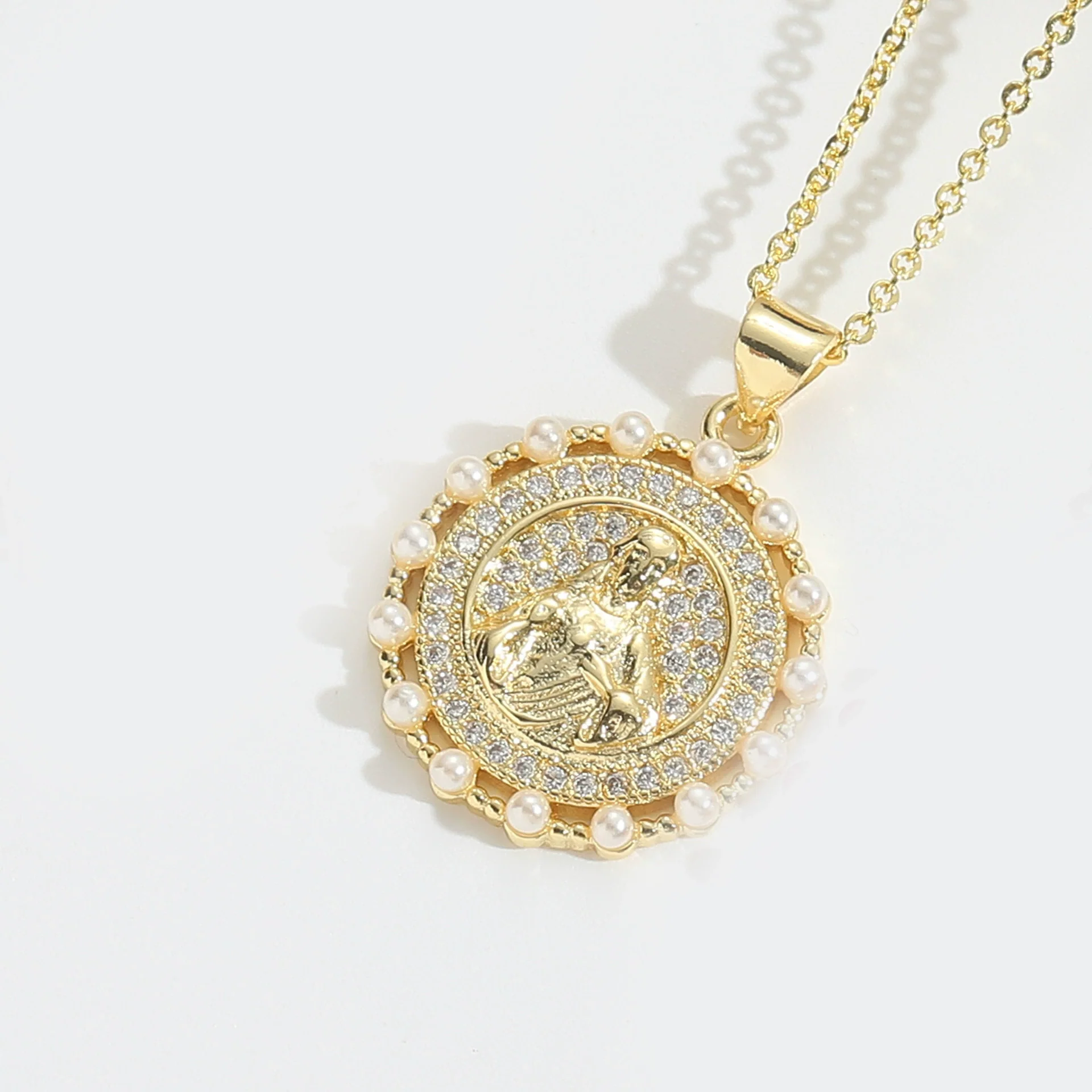 Fashion Discshaped Pearl Zircon Inlaid Virginshaped Pendant Necklace For Women Copper Electroplating - Image 6
