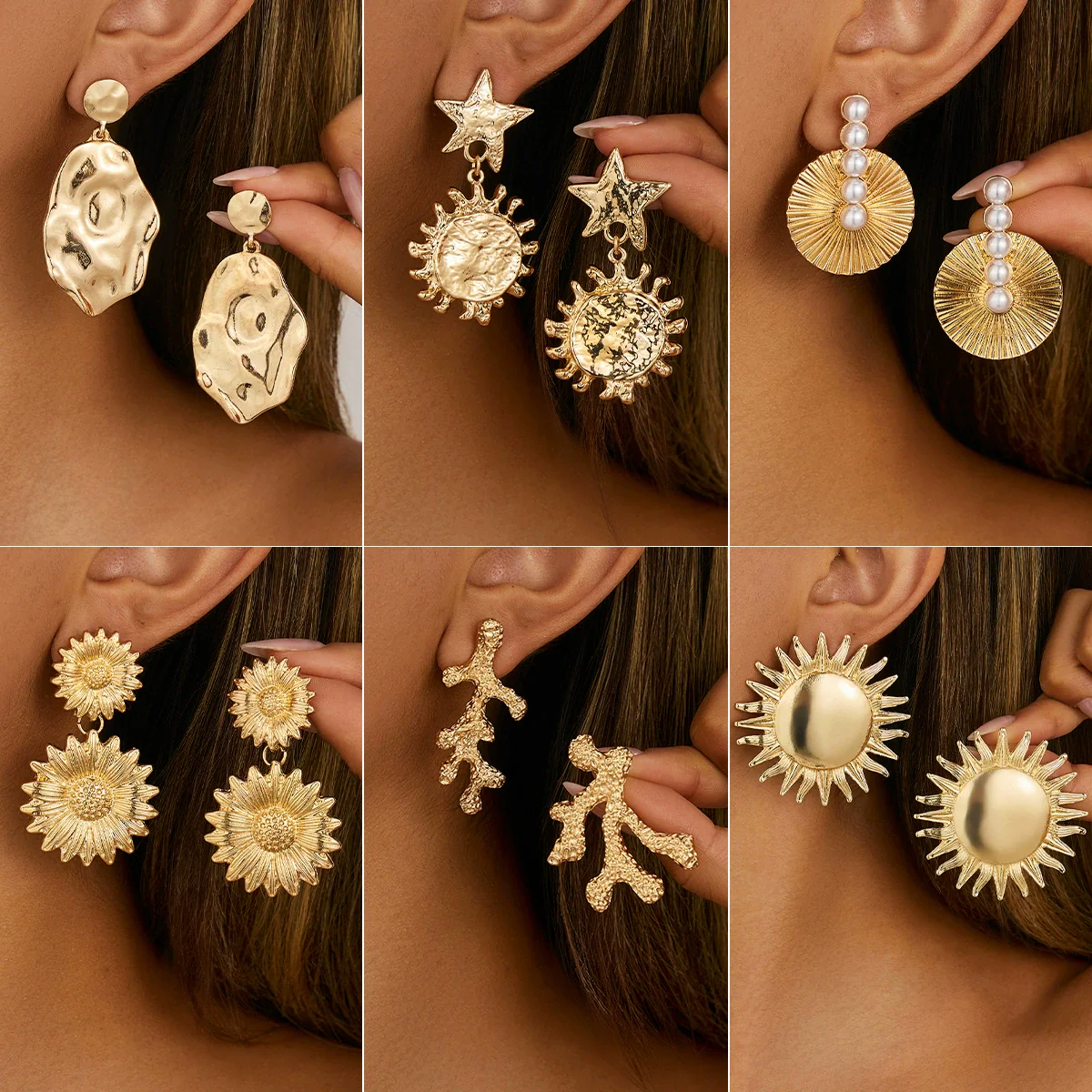 Fashion Exaggerate Alloy Fivepointed Star Sun Flower Electroplated Hammered Imitation Pearl Women's Earrings