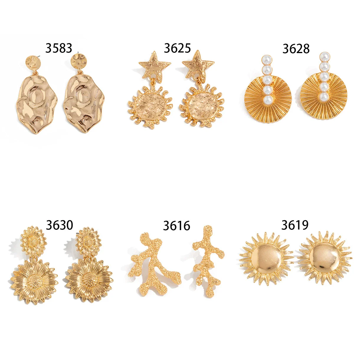 Fashion Exaggerate Alloy Fivepointed Star Sun Flower Electroplated Hammered Imitation Pearl Women's Earrings - Image 5