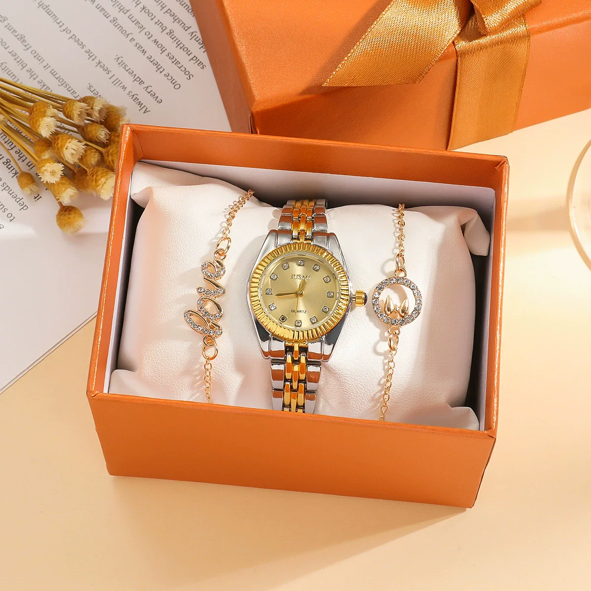 Fashion Exquisite Gradual Gold Ladies Watch With Diamond Dial And Round Shape Alloy Case And Strap Stainless Steel Buckle