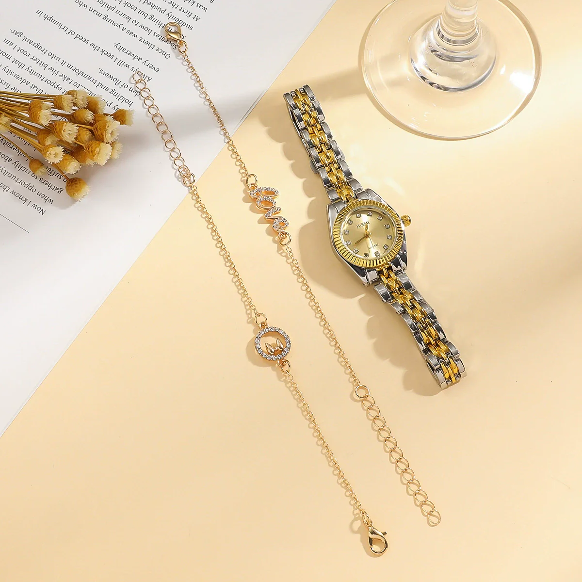 Fashion Exquisite Gradual Gold Ladies Watch With Diamond Dial And Round Shape Alloy Case And Strap Stainless Steel Buckle - Image 2