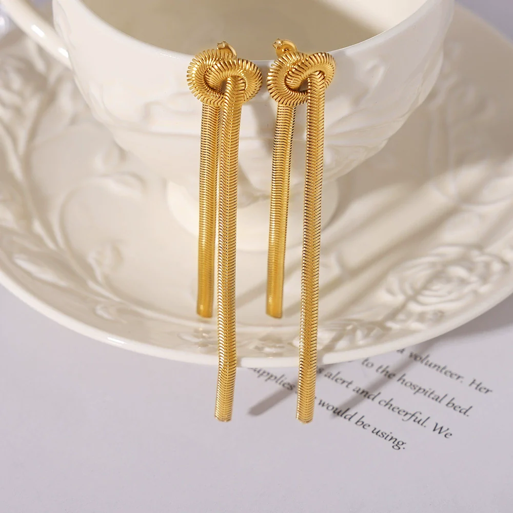 Fashion Gold Knotted Tassel Snake Chain Long Necklace Earrings Set Titanium Steel Electroplated