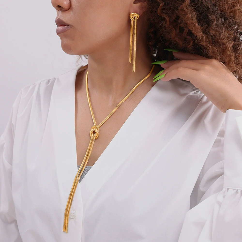 Fashion Gold Knotted Tassel Snake Chain Long Necklace Earrings Set Titanium Steel Electroplated - Image 2
