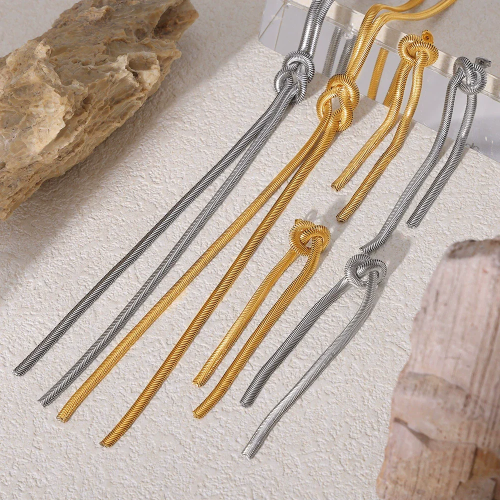 Fashion Gold Knotted Tassel Snake Chain Long Necklace Earrings Set Titanium Steel Electroplated - Image 3