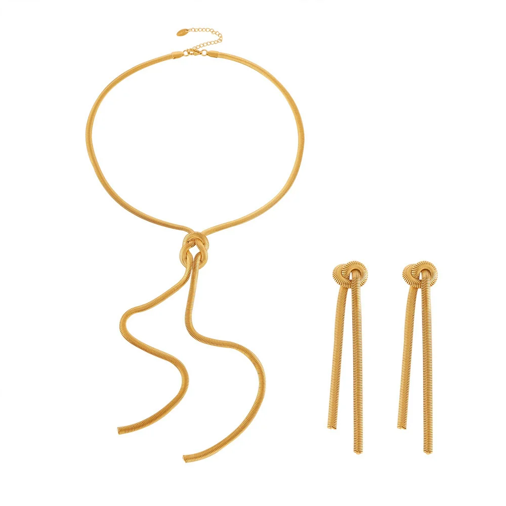 Fashion Gold Knotted Tassel Snake Chain Long Necklace Earrings Set Titanium Steel Electroplated - Image 5