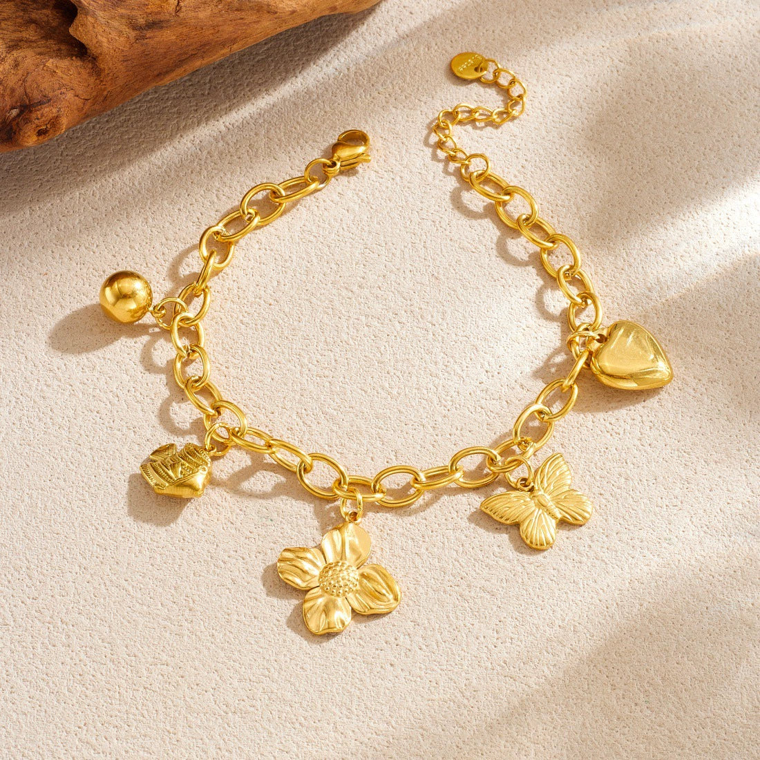 Fashion Goldplated Stainless Steel Butterfly Flower Heart Small Fish Pendant Bracelet For Women - Image 2