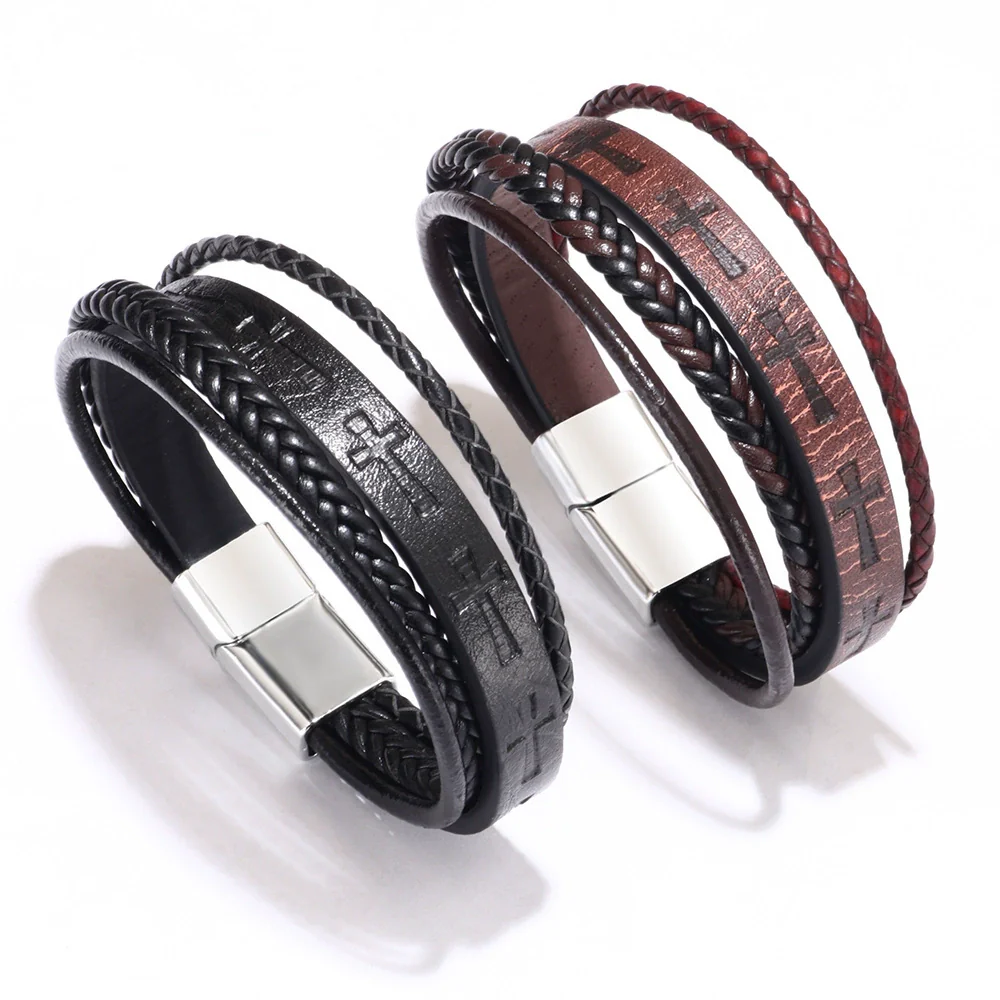 Fashion Handwoven Leather Bracelet With Geometric Pattern And Alloy Magnet Buckle - Image 2