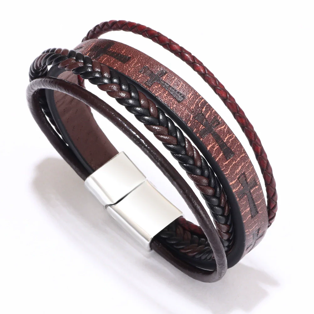 Fashion Handwoven Leather Bracelet With Geometric Pattern And Alloy Magnet Buckle - Image 4