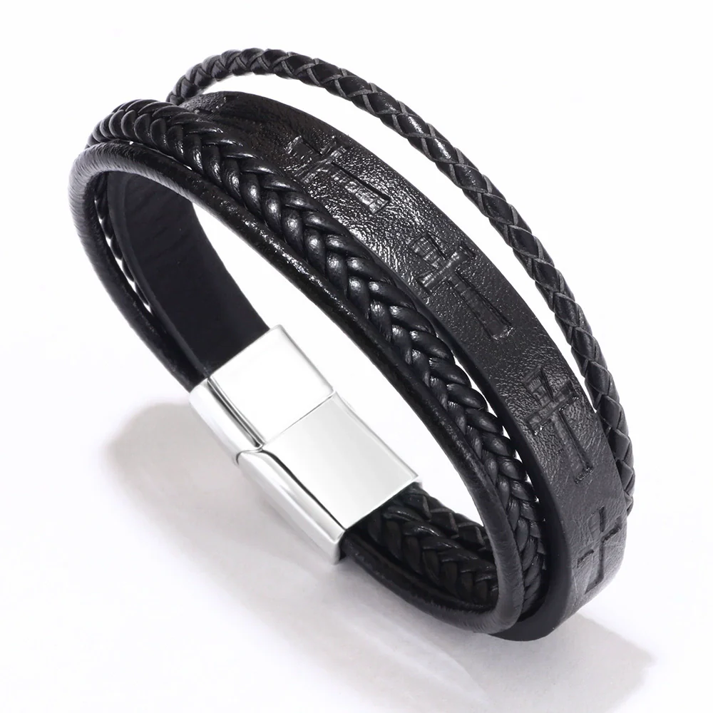Fashion Handwoven Leather Bracelet With Geometric Pattern And Alloy Magnet Buckle - Image 5