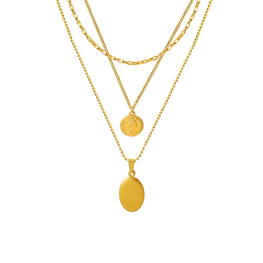 Fashion Hip Hop Double Chain Necklace With Geometric Queen Portrait Round Oval Pendant Electroplated Titanium Steel Jewelry For Women - Image 4