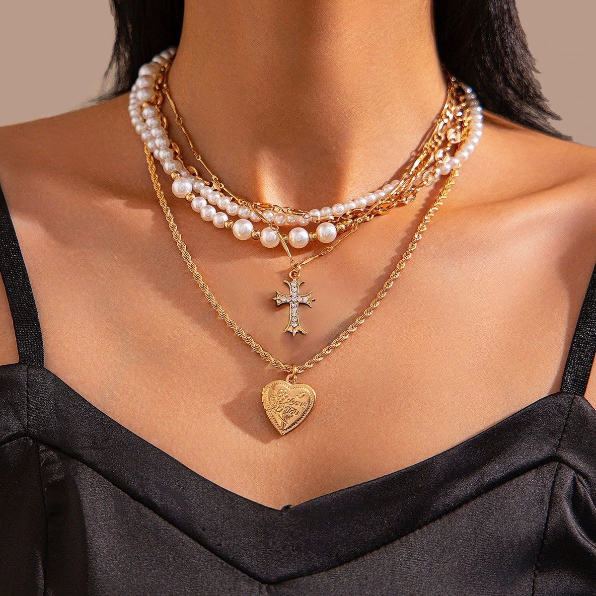 Fashion Ins Diamond Cross Peach Heart Minimalist Alloy Iron Chain Imitation Pearl Beaded Electroplating Geometric Clavicle Necklace For Women - Image 2