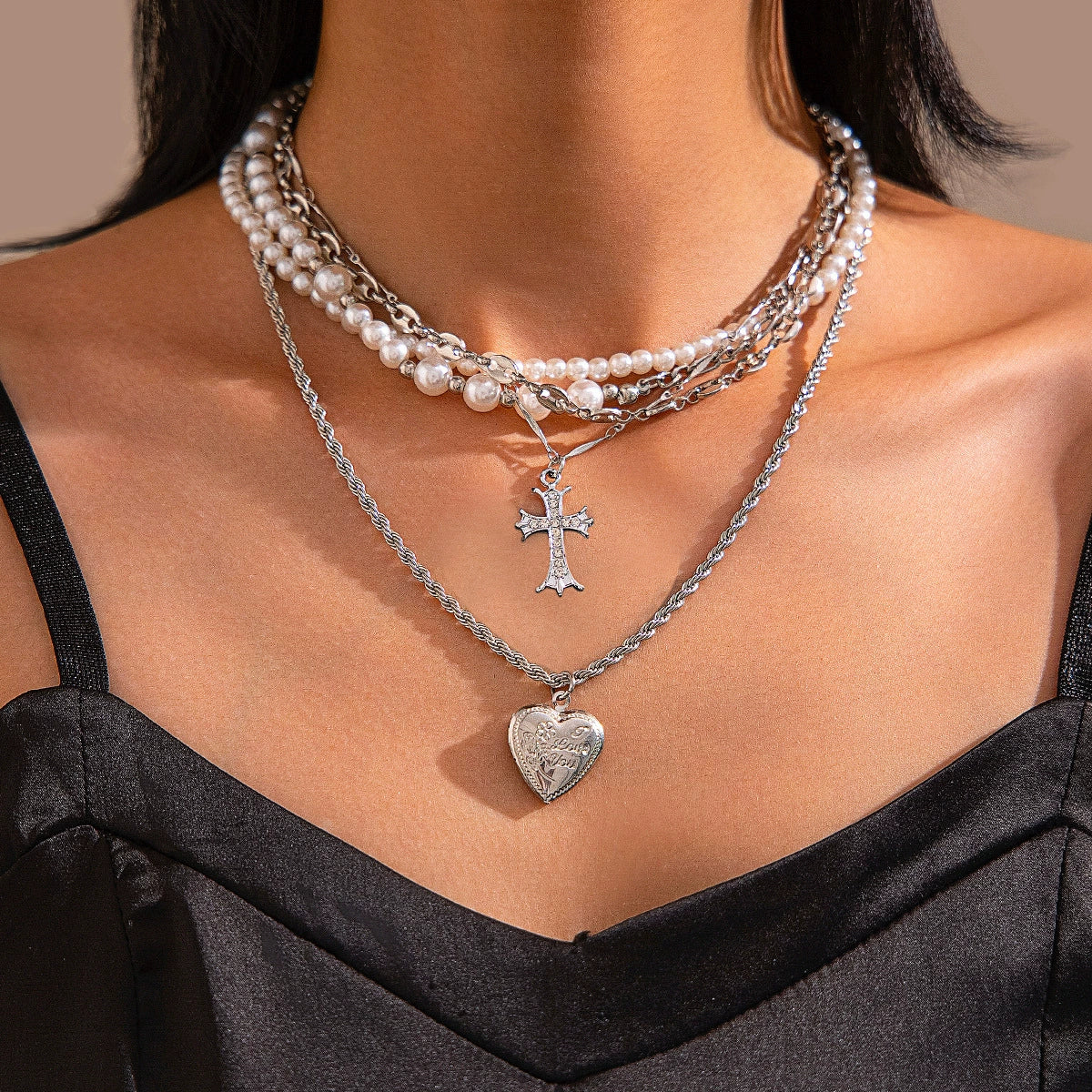 Fashion Ins Diamond Cross Peach Heart Minimalist Alloy Iron Chain Imitation Pearl Beaded Electroplating Geometric Clavicle Necklace For Women - Image 3