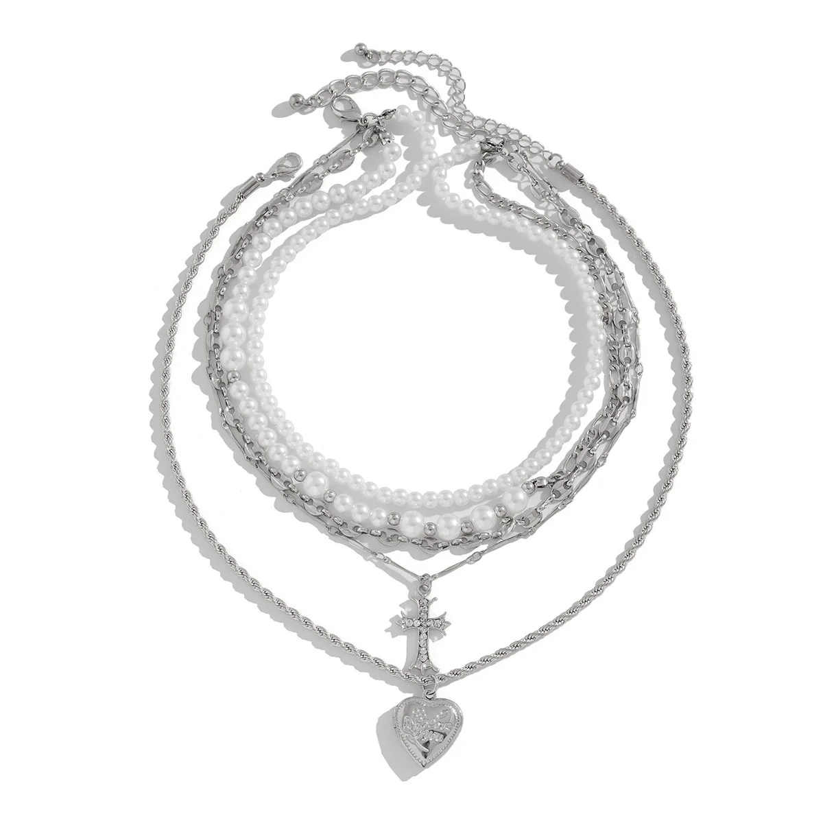 Fashion Ins Diamond Cross Peach Heart Minimalist Alloy Iron Chain Imitation Pearl Beaded Electroplating Geometric Clavicle Necklace For Women - Image 5