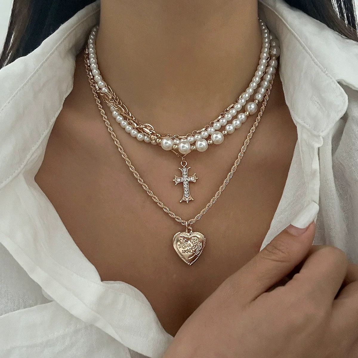Fashion Ins Diamond Cross Peach Heart Minimalist Alloy Iron Chain Imitation Pearl Beaded Electroplating Geometric Clavicle Necklace For Women - Image 6
