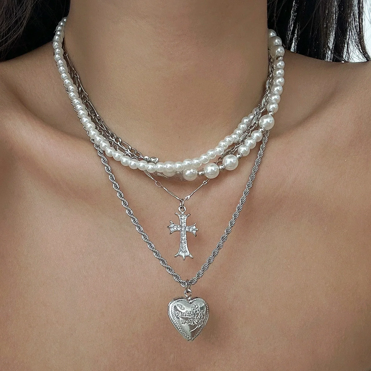 Fashion Ins Diamond Cross Peach Heart Minimalist Alloy Iron Chain Imitation Pearl Beaded Electroplating Geometric Clavicle Necklace For Women - Image 7