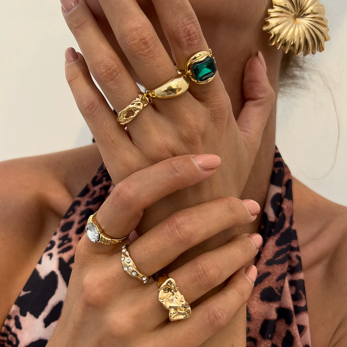 Fashion Ins Style Alloy Geometric Retro Handmade Color Gem Inlay Women's Ring - Image 3