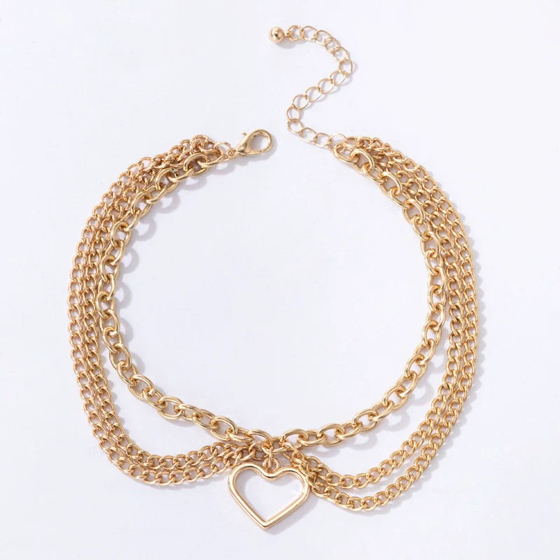Fashion Jewelry Alloy Heart Shaped Chain Tassel Snake Pendant Three Layer Anklet For Women - Image 5