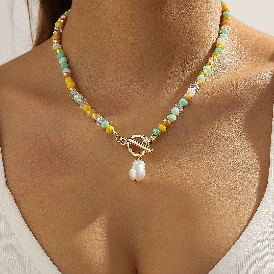 Fashion Jewelry Artificial Crystal Geometric Drop Shape Electroplated Ball Chain Women's Necklace